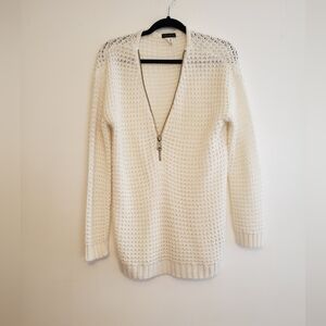 Womens White Knitted Quarter Zipper Sweater, Medium